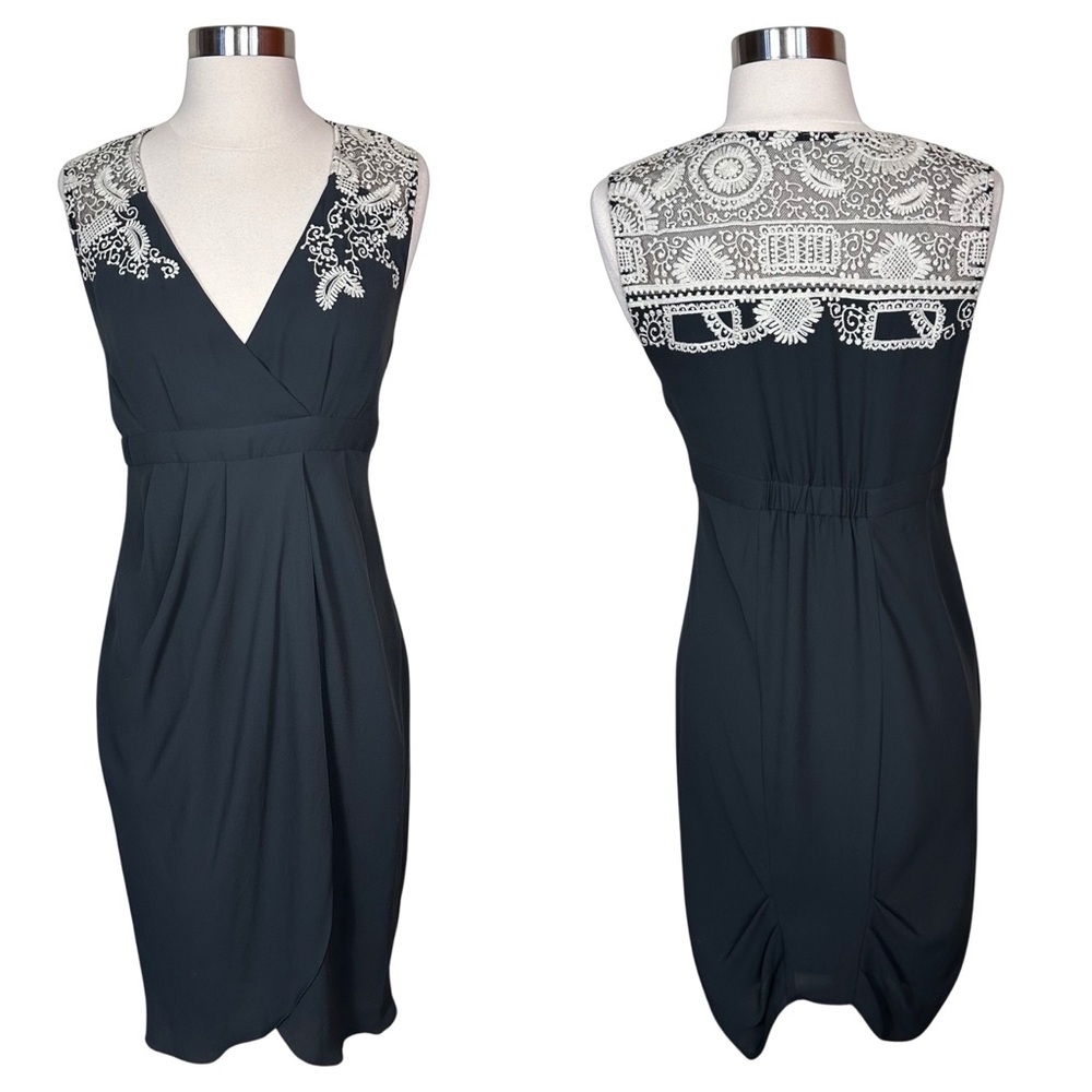 Anthropologie Meadow Rue Embroidered Black Cream Sleeveless Tulip Hem Dress US 4